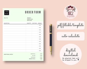 Order Form Template, Fillable PDF Template, Editable Order, Auto Calculate, Printable, Fillable Order PDF, Minimalist Order Template PDF