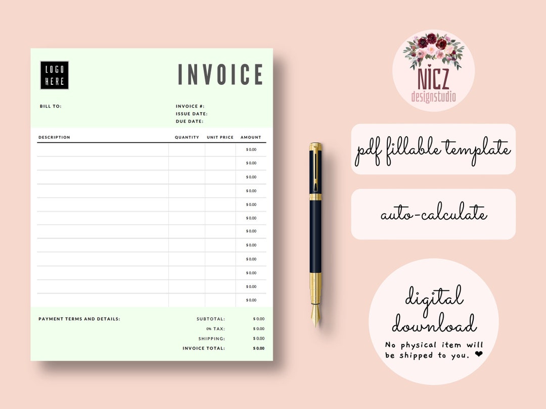 Invoice Template, Fillable PDF Template, Editable Invoice, Auto
