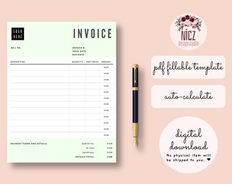 Invoice Template, Fillable PDF Template, Editable Invoice, Auto Calculate, Printable, Fillable Invoice PDF, Minimalist Invoice Template PDF