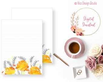 Printable Stationery | Floral Stationery | Writing Paper | Digital Paper | Journal Paper | Lined Paper | Instant Download | 8.5x11
