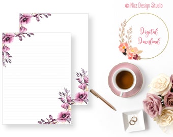 Printable Stationery | Floral Stationery | Writing Paper | Digital Paper | Journal Paper | Lined Paper | Instant Download | 8.5x11