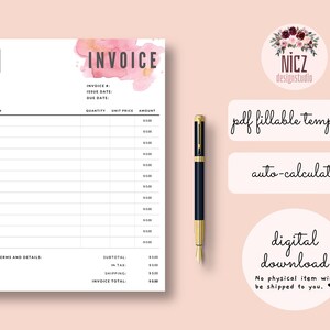 Invoice Template, Fillable PDF Template, Editable Invoice, Auto Calculate, Printable, Fillable Invoice PDF, Minimalist Invoice Template PDF