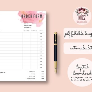 Op de afbeelding: Een afdrukbare bestelformulier sjabloon met een aquarel achtergrond in roze en gouden tinten. Het formulier bevat velden voor bestelnummer, bestel datum, verzenddatum, beschrijving, hoeveelheid, eenheidsprijs, bedrag, subtotaal, belasting, verzending en totaalbedrag. De tekst "pdf invulbaar sjabloon" en "automatisch berekenen" is zichtbaar in de afbeelding.