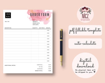 Order Form Template, Fillable PDF Template, Editable Order, Auto Calculate, Printable, Fillable Order PDF, Minimalist Order Template PDF