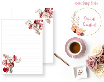 Printable Stationery | Floral Stationery | Writing Paper | Digital Paper | Journal Paper | Lined Paper | Instant Download | 8.5x11