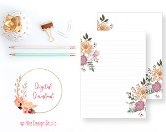 Printable Stationery | Floral Stationery | Writing Paper | Digital Paper | Journal Paper | Lined Paper | Instant Download | 8.5x11