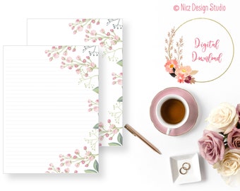 Printable Stationery | Floral Stationery | Writing Paper | Digital Paper | Journal Paper | Lined Paper | Instant Download | 8.5x11