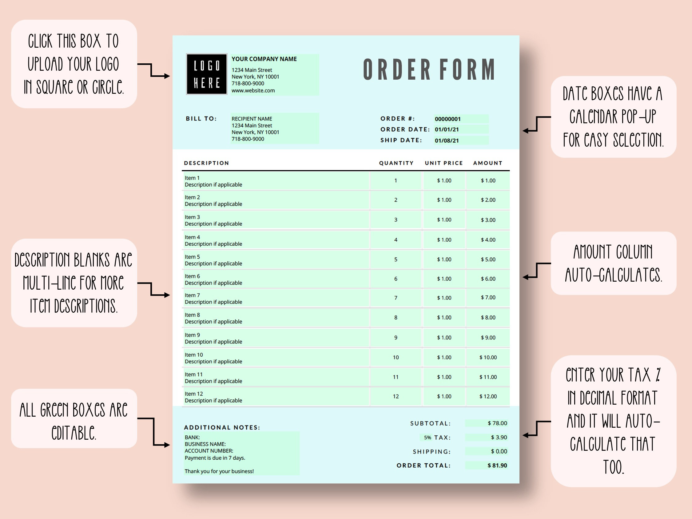 Order Form Template, Fillable PDF Template, Editable Order, Auto ...