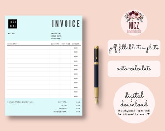 Invoice Template, Fillable PDF Template, Editable Invoice, Auto Calculate, Printable, Fillable Invoice PDF, Minimalist Invoice Template PDF