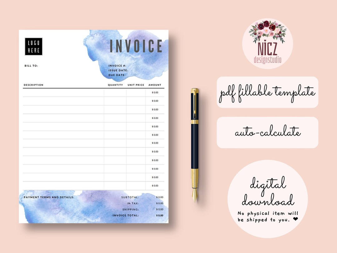 Invoice Template, Fillable PDF Template, Editable Invoice, Auto ...