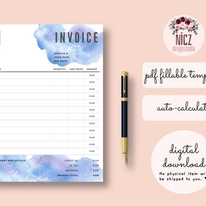 Invoice Template, Fillable PDF Template, Editable Invoice, Auto Calculate, Printable, Fillable Invoice PDF, Minimalist Invoice Template PDF