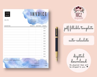 Invoice Template, Fillable PDF Template, Editable Invoice, Auto Calculate, Printable, Fillable Invoice PDF, Minimalist Invoice Template PDF