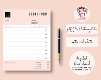 Order Form Template, Fillable PDF Template, Editable Order, Auto Calculate, Printable, Fillable Order PDF, Minimalist Order Template PDF
