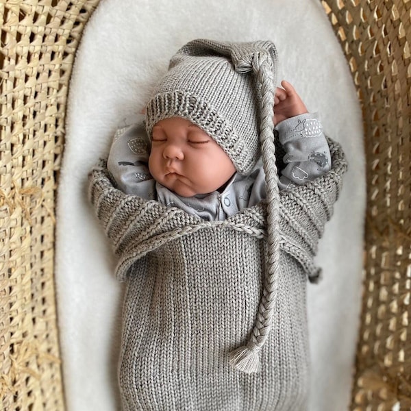 Baby Schlafsack gestrickte Mütze Stricksocken Neugeborenen Kokon Handgemachtes Winter Baby Geschenk werdende Mama vorhanden