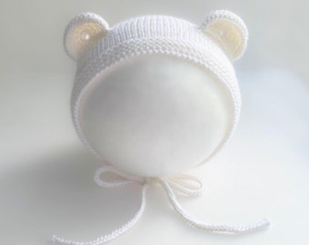 Newborn Bear Hat Knit Bear bonnet Gender neutral baby bonnet Baby hospital hat Photography outfit