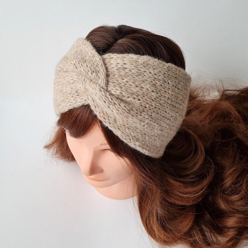 Winter headband for woman Knitted alpaca ear warmer for her Extra wide twisted head wrap Handmade gift for her 02 - Beige