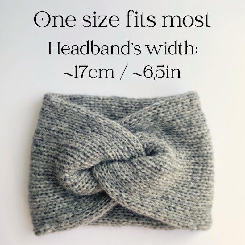 May include: A grey knitted headband with a twisted knot design. The text on the image reads: "One size fits most. Headband's width: ~17cm". This warm accessory is ideal for keeping ears warm.