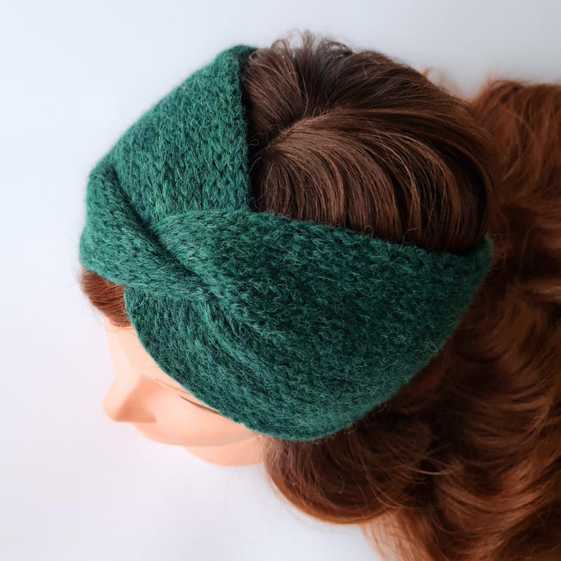 Winter headband for woman Knitted alpaca ear warmer for her Extra wide twisted head wrap Handmade gift for her 20 - Forest green