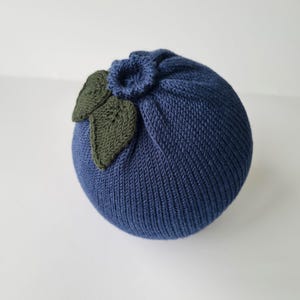 May include: A navy blue knitted hat shaped like a blueberry, with a dark green leaf detail. The hat is round and has a textured appearance, with a small stem detail at the top. The leaves are a darker shade of green.