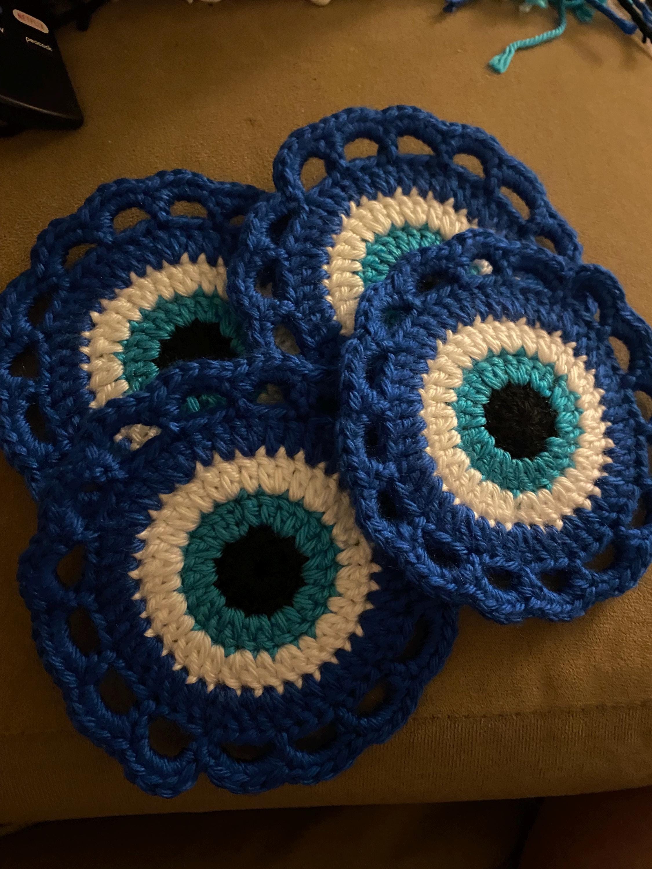 Evil Eye Coasters, Crocheted Coasters, Evil Eye, Protection, Good Luck Charm, Handmade Coasters, Blue Coasters, Eye Coasters, Unique Decor - Thumbnail 3