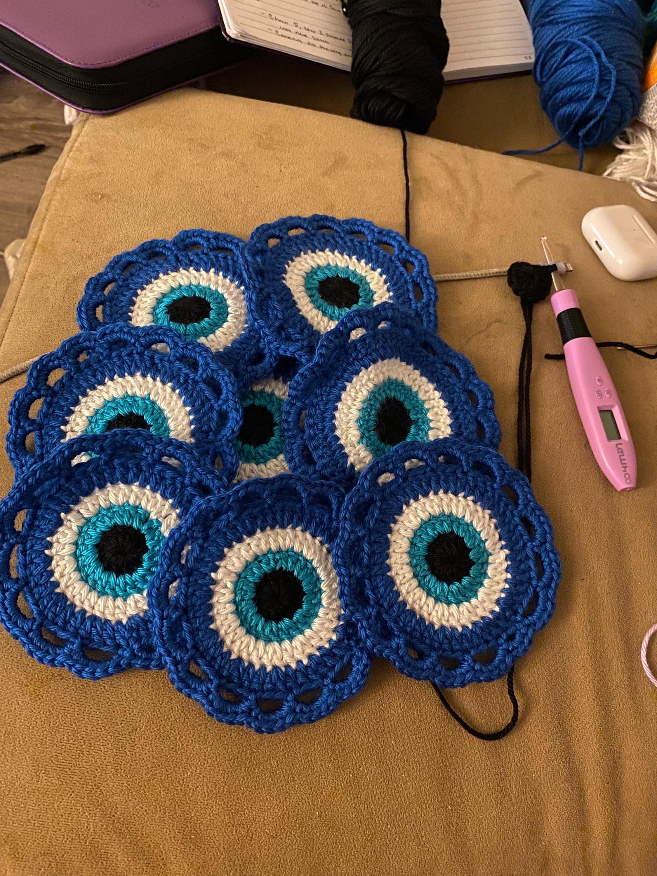 Evil Eye Coasters, Crocheted Coasters, Evil Eye, Protection, Good Luck Charm, Handmade Coasters, Blue Coasters, Eye Coasters, Unique Decor - Thumbnail 2