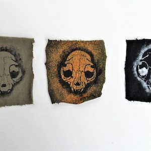 Può includere: Tre toppe di tessuto con un design di teschio di gatto in bianco e nero. Le toppe sono su uno sfondo bianco. La prima toppa è di colore verde scuro, la seconda è di colore arancione chiaro e la terza è di colore nero.