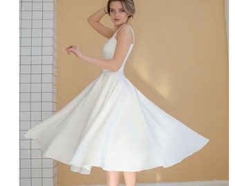 Witte strand trouwjurk midi/thee lengte trouwjurk/repetitie diner jurk/witte afstudeerjurk/plus size formele jurken