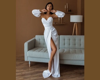 Stunning White Maxi Dress with Puff Sleeves - Ideal for Prom, Photo Shoots and Formal Events