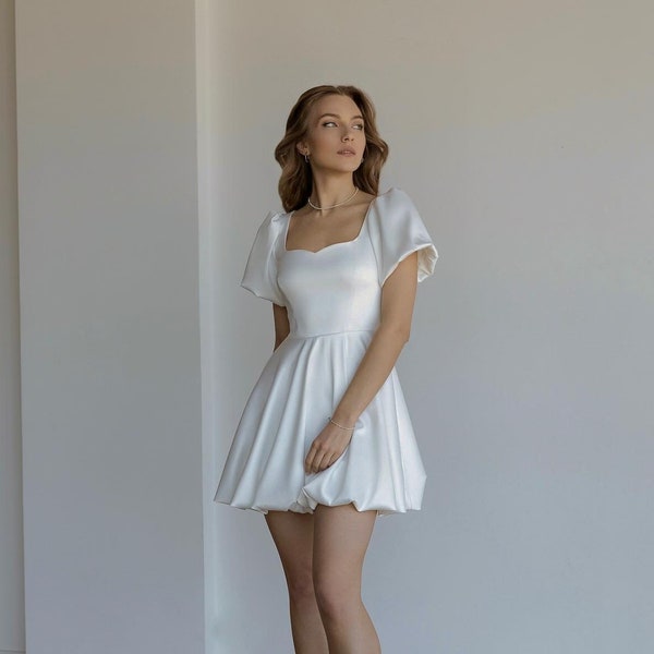 Cocktail short puffy dress with short sleeves / Sophisticated Short Sleeve Cocktail Mini Dress / White Graduation Dress - Short Fit & Flare