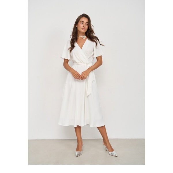 Elegant White Butterfly Sleeve Midi Dress - Perfect for Summer Cocktail Parties and Formal Events