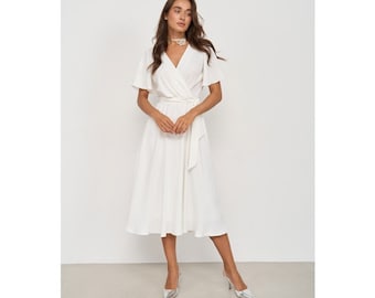 Elegant White Butterfly Sleeve Midi Dress - Perfect for Summer Cocktail Parties and Formal Events
