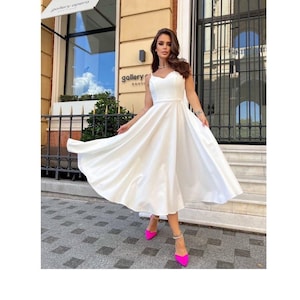 Summer Wedding Dress | off White, Midi Length | Sexy V-neck
