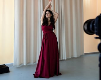 Burgundy Silk Maxi Dress: V-Neck Sleeveless Wrap Gown