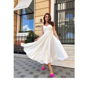 Summer Wedding Dress | Off White, Midi Length | Sexy V-neck & Spaghetti Straps | Open Back Elegance | Ideal for City or Beach Wedding