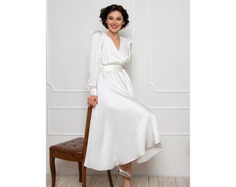 Weißes Langarm Midikleid, weißes Midi-Hochzeitskleid mit Gürtel, weißes Wickelkleid, weißes Cocktailkleid, weißes Abschlussballkleid
