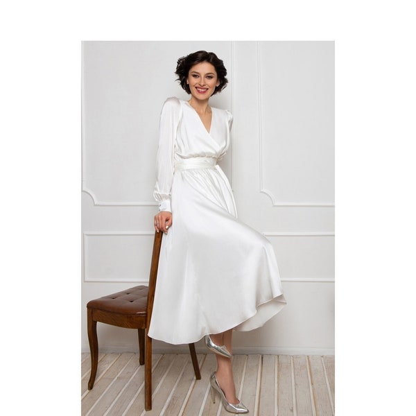 White Long Sleeve Midi Dress, White Midi Wedding Dress With Belt, White Wrap Evening Dress, White Cocktail Dress, White Prom Dress