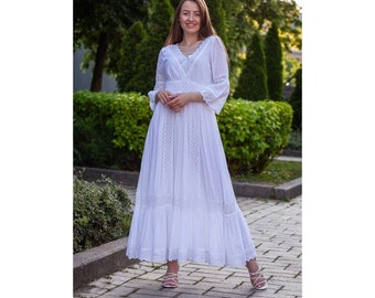 Charming long sleeve White Cotton Long-Sleeved Dress with Elegant Lace Detailing for All Occasions