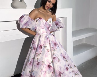 Floral Maxi Corset Chiffon Dress with Puff Sleeves -Perfect as Off Shoulder Prom or Formal Gown/ Colored Bridal Gown with removable sleeves