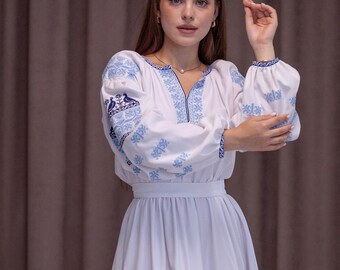 White A-Line Midi Cotton Dress with Floral Embroidery and Long Lantern Sleeves