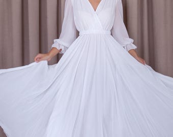 Vestido de cóctel de gasa blanca de talla grande: corte A largo con mangas farol