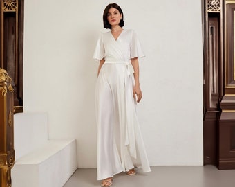 White Silk Maxi Dress: Butterfly Sleeve Wedding Gown