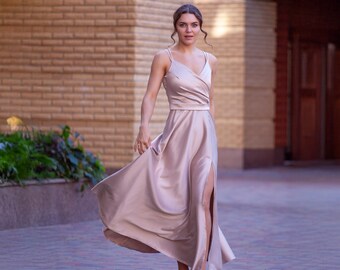 Champagne Beige Long Slit Dress With Belt, Bridesmaid Dress, Cocktail Dress,  Wedding Guest Dress, Maxi Party Dress, Formal Dress, Prom Dress