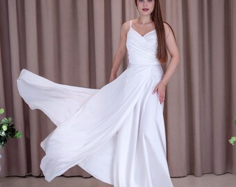 White Satin Maxi Dress: V-neck A-line Wedding Guest Dress - Etsy