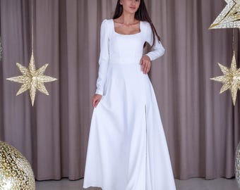 White Long Sleeve A-Line Maxi Dress with Square Neck for Engagement or Simple Wedding