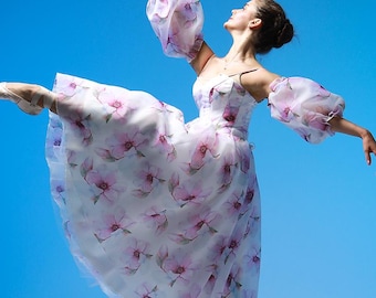 Floral Chiffon Corset Midi Dress: Detachable Lantern Sleeves