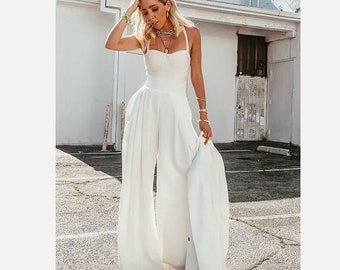 White Women Jumpsuit /Summer Jumpsuit / White women&#39;s jumpsuit for bride or engagement / White festive overalls for the bride/ Bridal Romper
