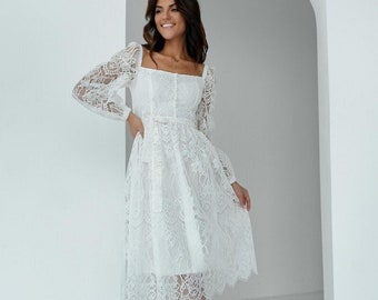 Midi lace cocktail dress | Simple wedding dress with lace sleeves | Long sleeve lace dress for bride or dress for white party or graduation