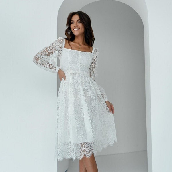 Robe de cocktail midi en dentelle | Robe de mariée simple avec manches en dentelle | Robe en dentelle à manches longues pour mariée ou robe pour soirée blanche ou remise des diplômes