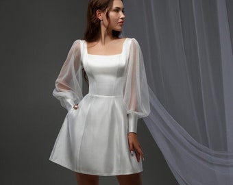 Weißes Satin-Minikleid mit transparenten Laternenärmeln für Hochzeiten / Langarm-Satin-Cocktailkleid, ideal für Brautjungfern oder formelle Veranstaltungen