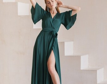Emerald Green Silk Maxi Dress: Elegant Wrap Gown with Butterfly Sleeves